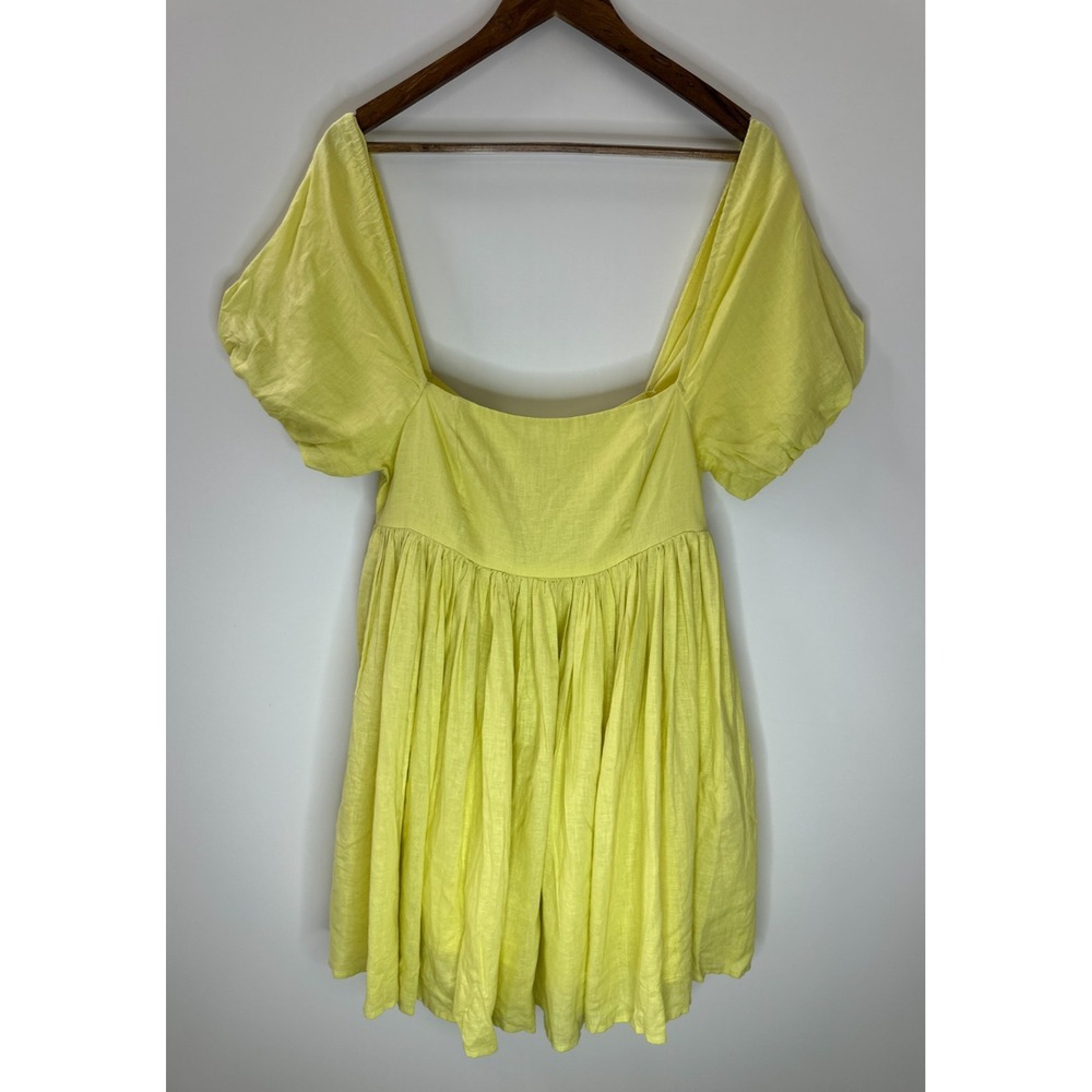 Mable Butter Yellow Linen Blend Puff Sleeve Mini Dress Large Babydoll Coquette - Picture 2 of 16